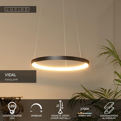 Lucide VIDAL - Hanglamp - Ø 58 cm - LED Dimb. - 1x48W 2700K - Zwart